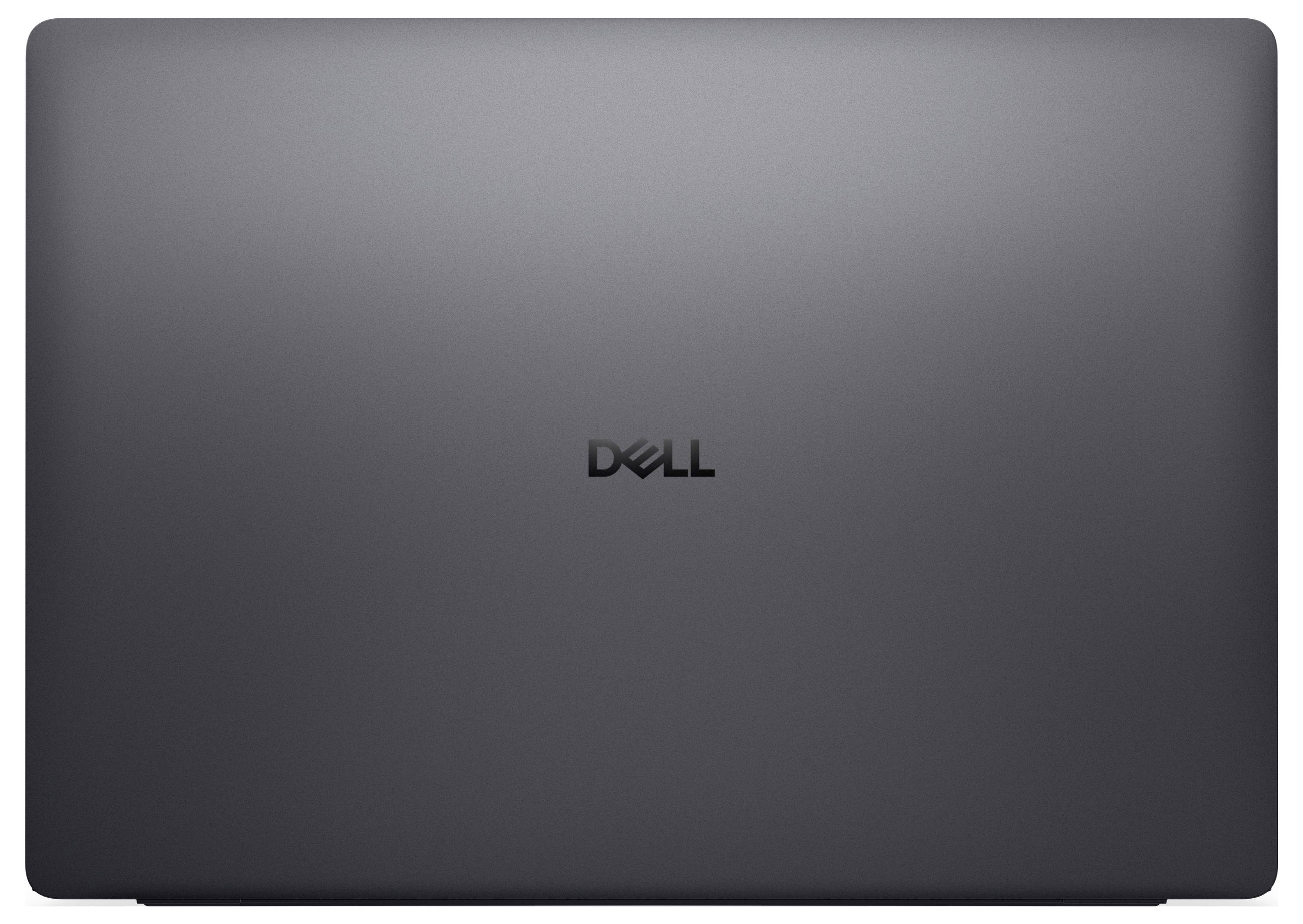 Geschlossener Laptop mit Dell-Logo, das prominent auf einer glatten, metallisch grauen Oberfläche zentriert angezeigt wird.