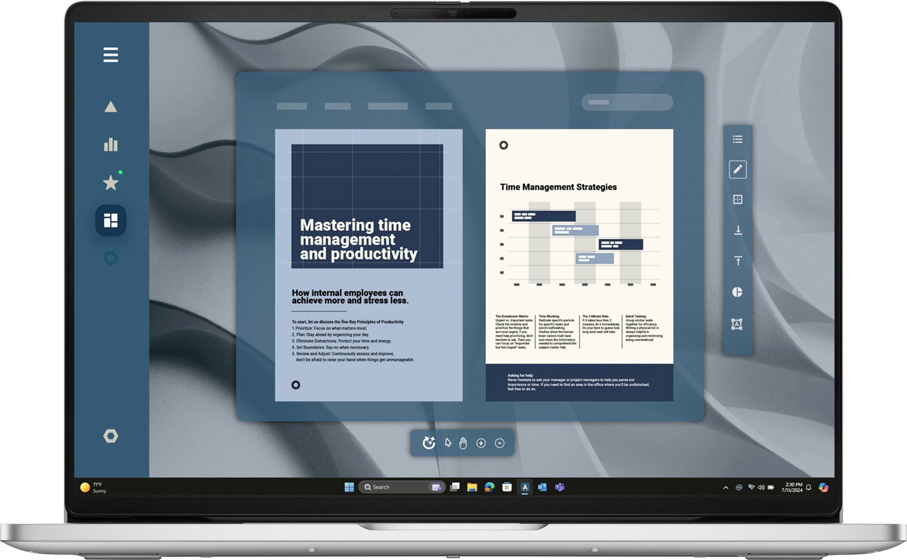 Laptop-Bildschirm mit einer Design-App, die zwei Dokumentseiten zeigt: „Zeitmanagement und Produktivität beherrschen