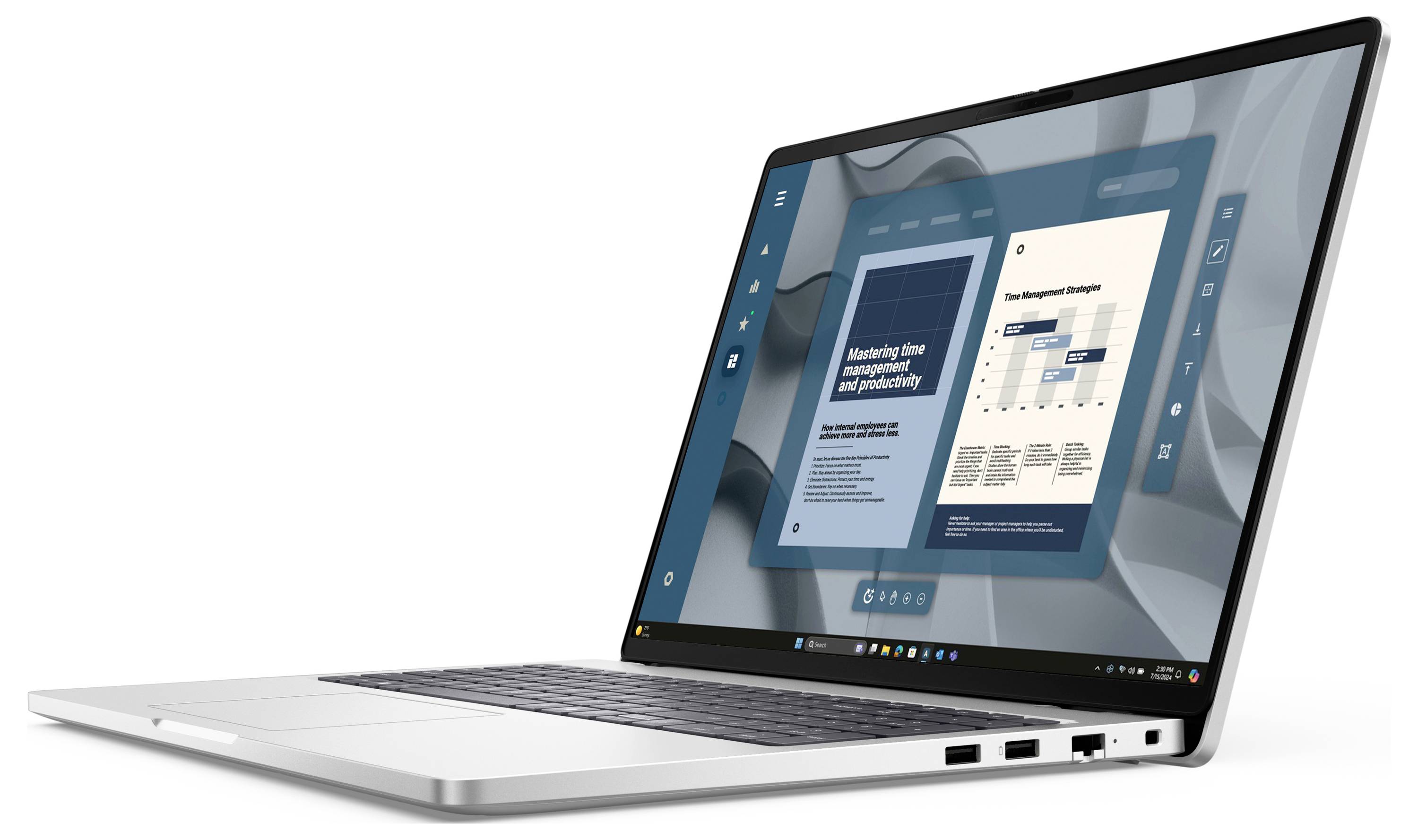 Ein silberner Laptop, auf dessen Bildschirm eine digitale Benutzeroberfläche mit einem Zeitmanagement-Diagramm angezeigt wird, was einen Fokus auf Produktivität andeutet.