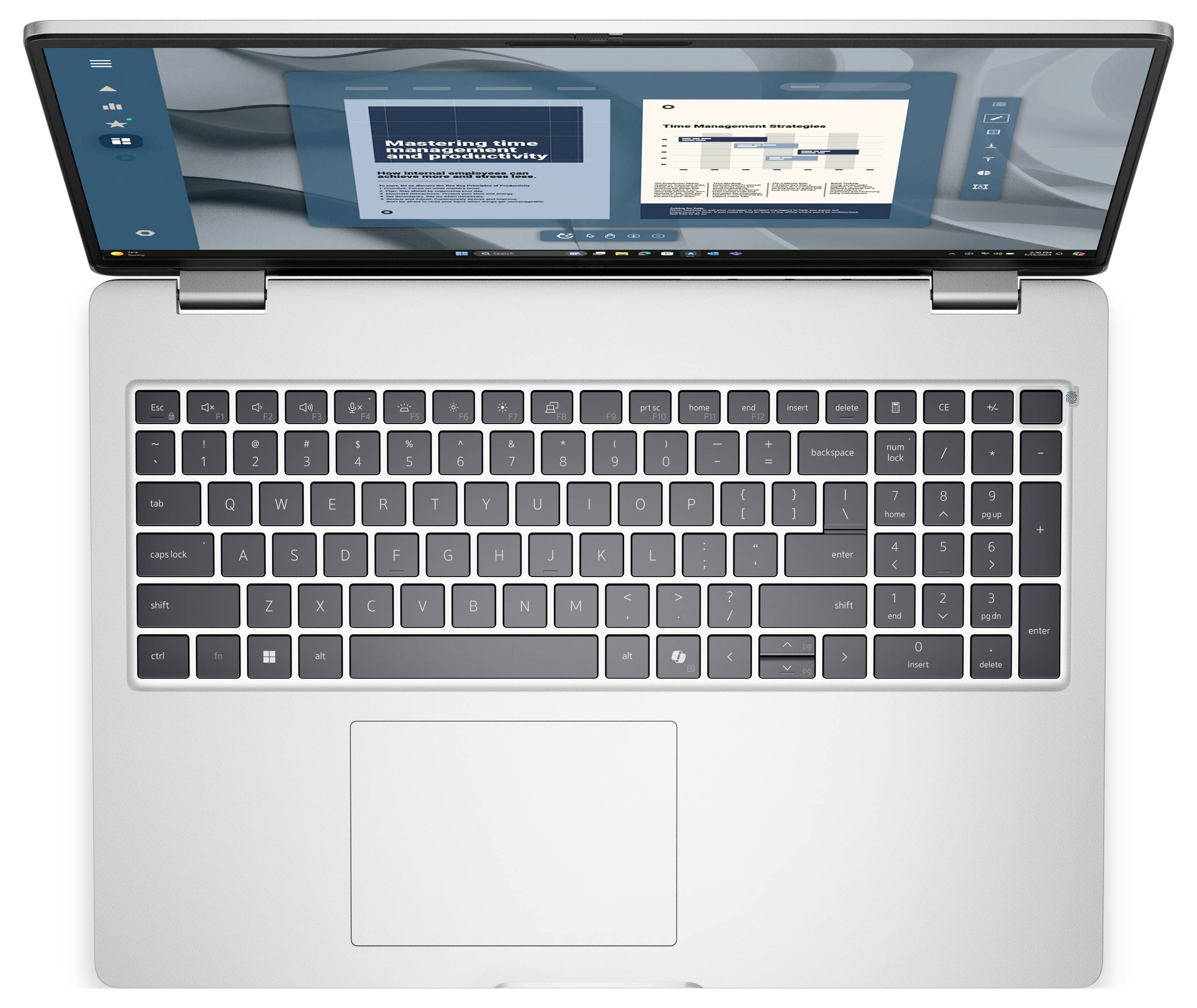 Overhead-Ansicht eines offenen Laptops, auf dem ein Präsentationsfolie auf dem Bildschirm angezeigt wird, die Diagramme und Text enthält.