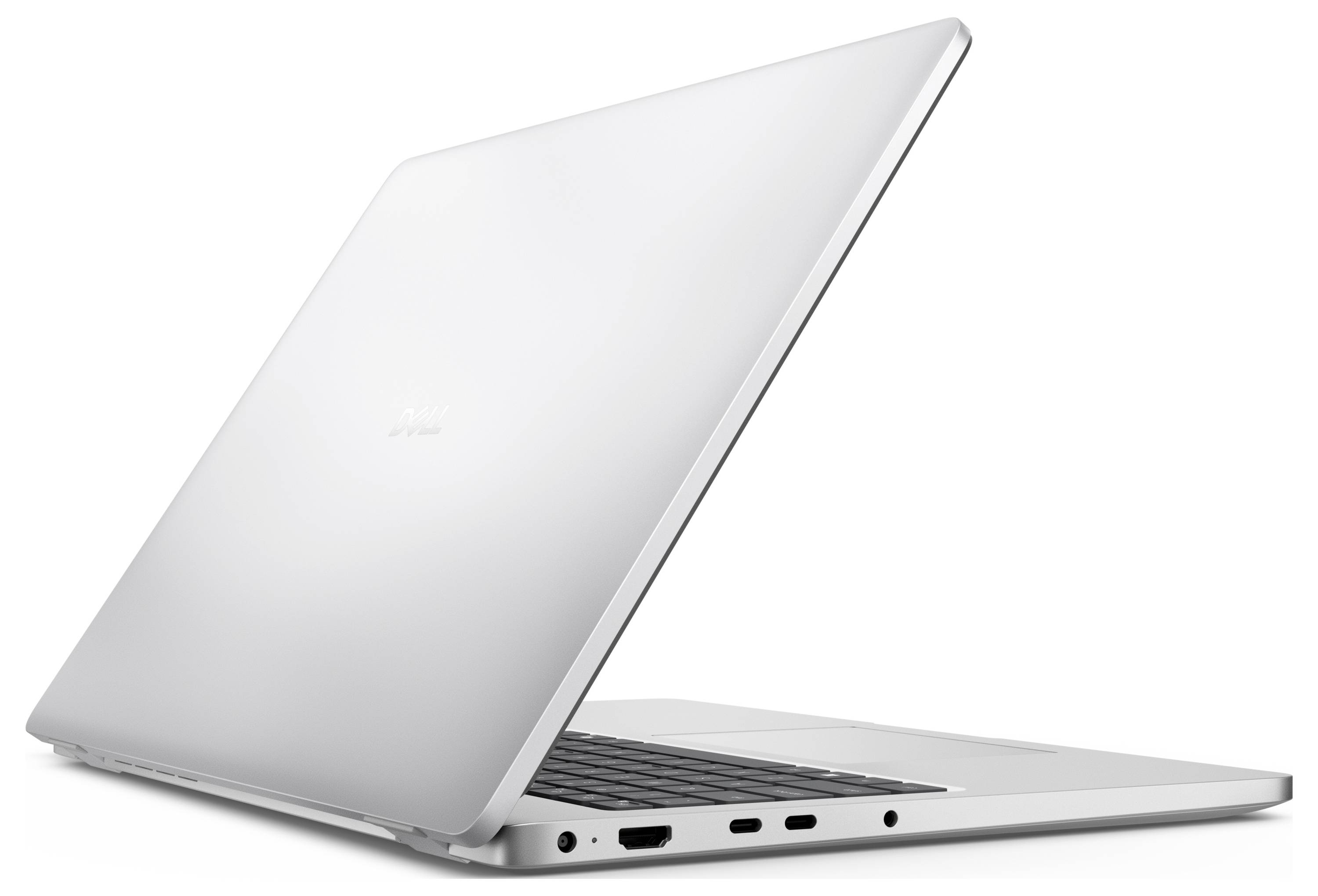 Ein schlanker silberner Laptop, der teilweise geschlossen ist und ein dünnes Design mit sichtbaren Anschlüssen an der Seite zeigt.