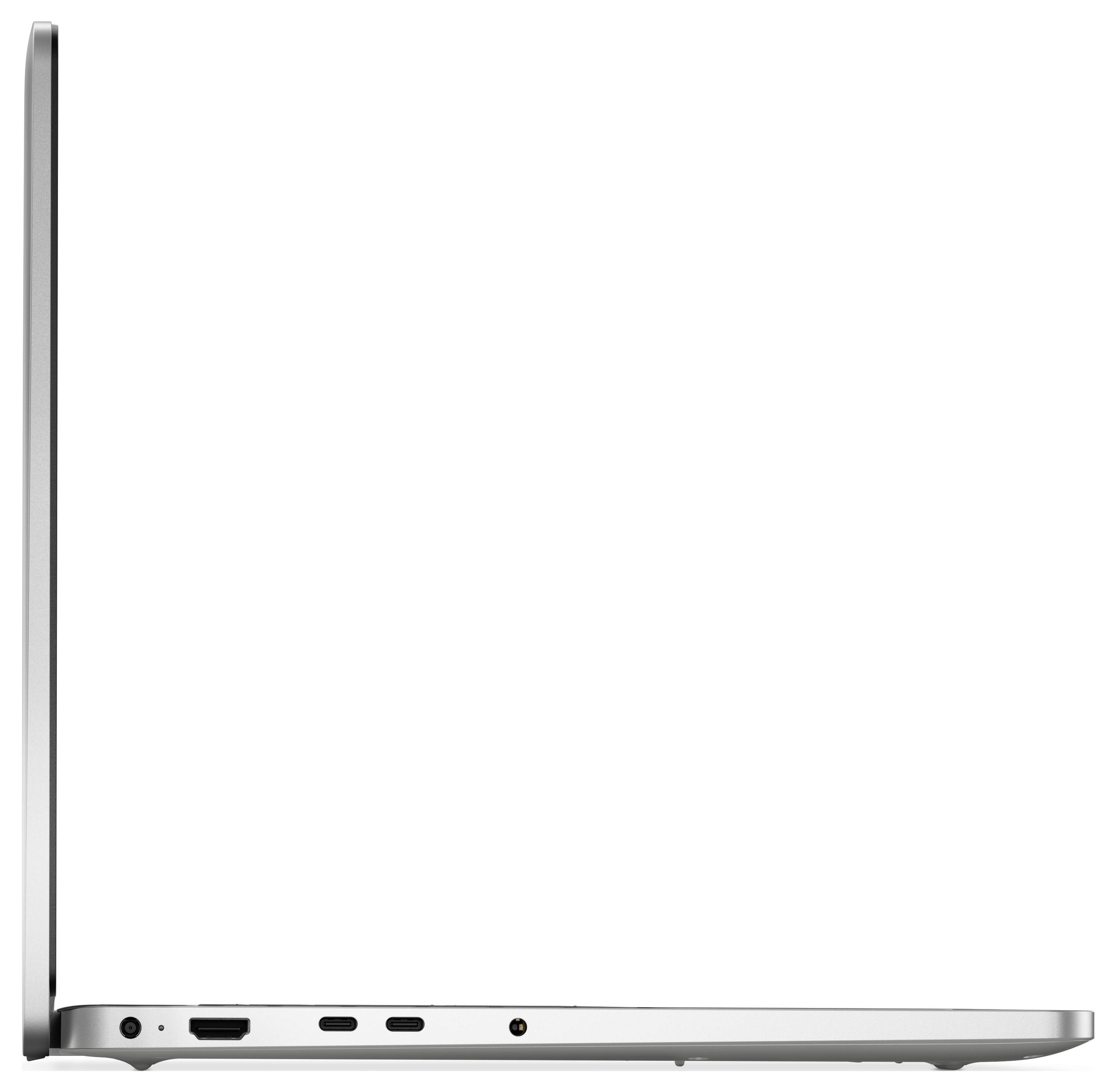 Eine Seitenansicht eines schlanken, aufgeklappten Laptops mit Anschlüssen, einschließlich USB-C und HDMI, die sein elegantes Design und die Konnektivitätsoptionen hervorhebt.