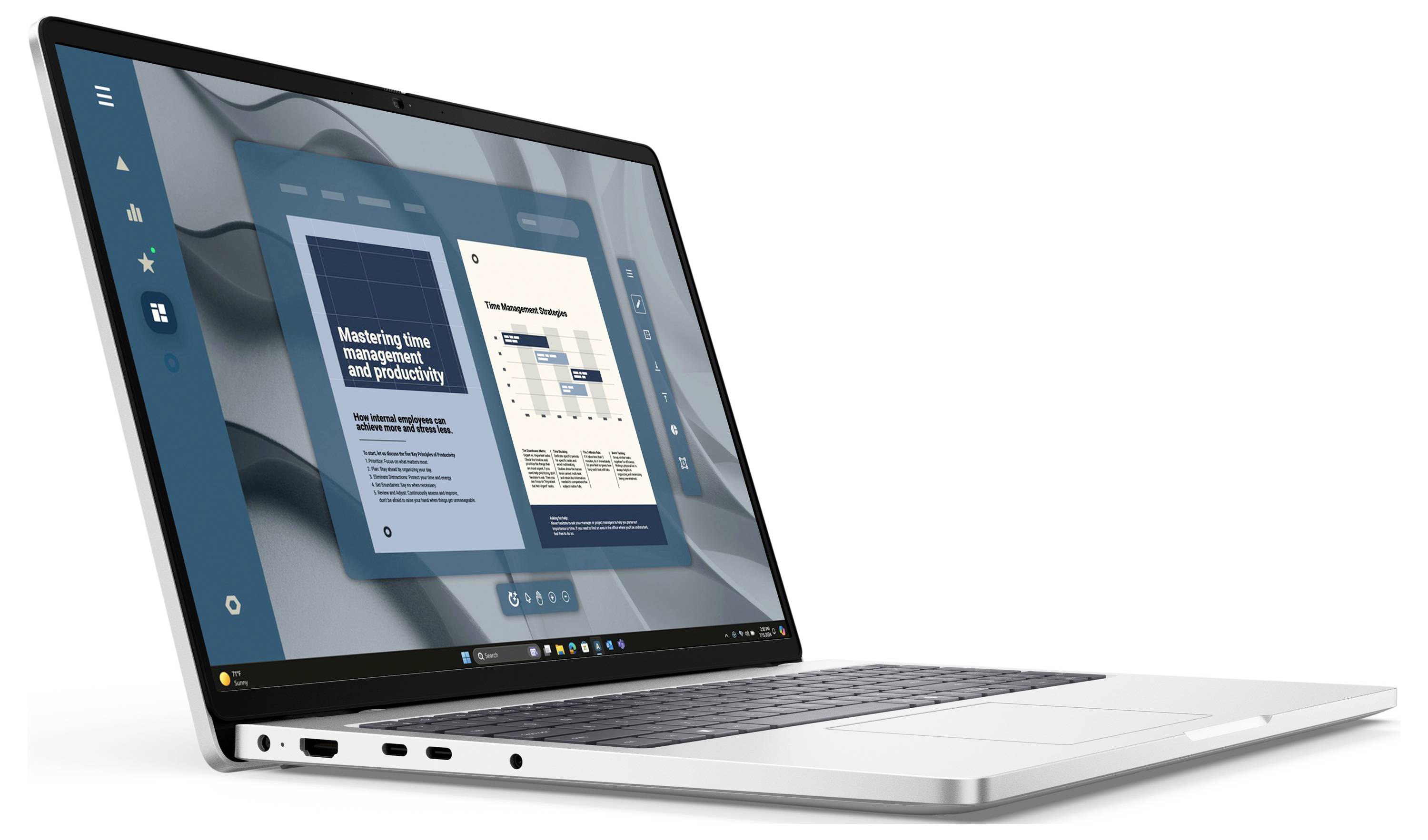 Silberner Laptop mit zwei Dokumentfenstern auf dem Bildschirm, eines mit dem Titel 