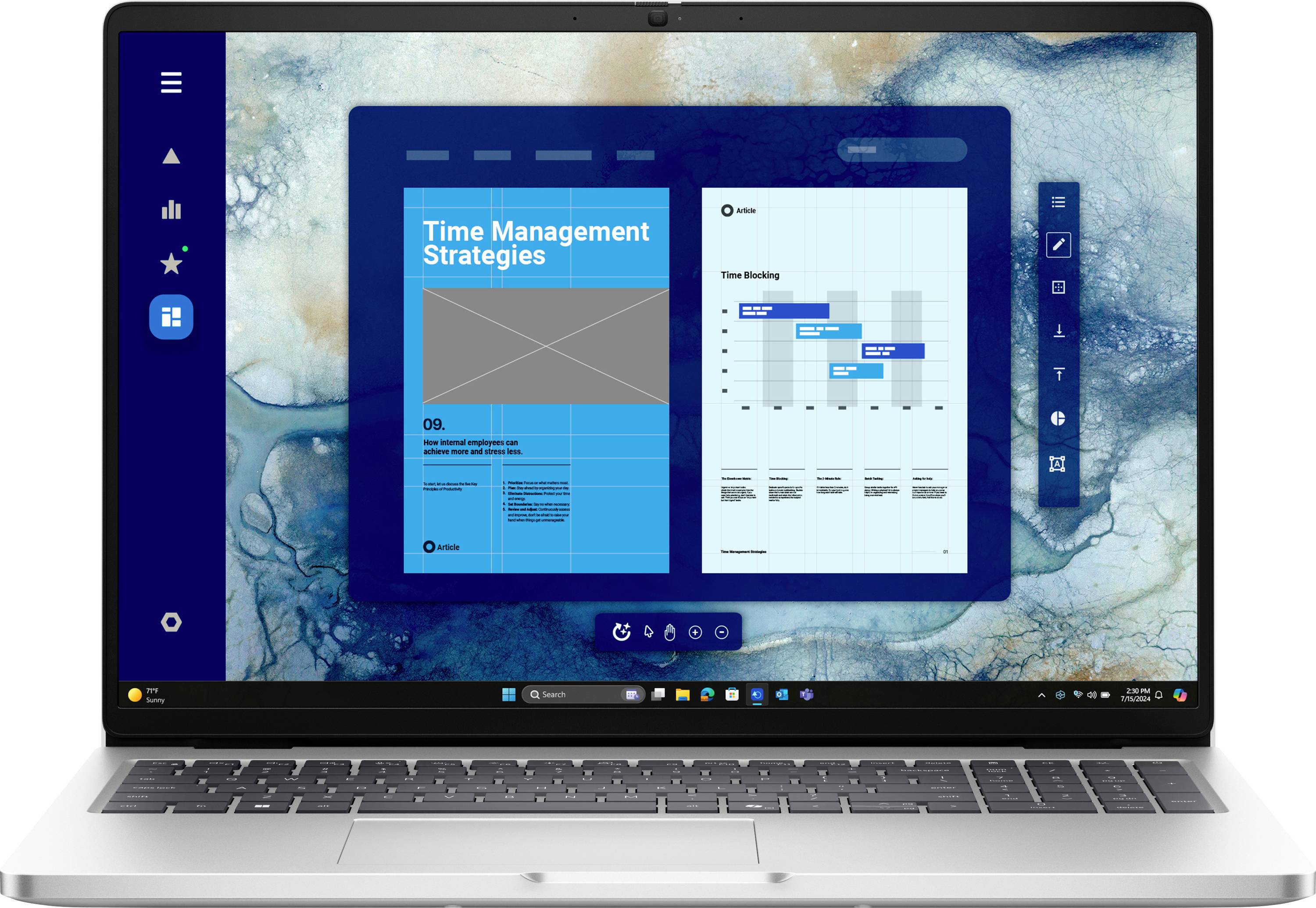 Ein Laptop-Bildschirm zeigt ein digitales Dokument mit dem Titel „Zeitmanagement-Strategien