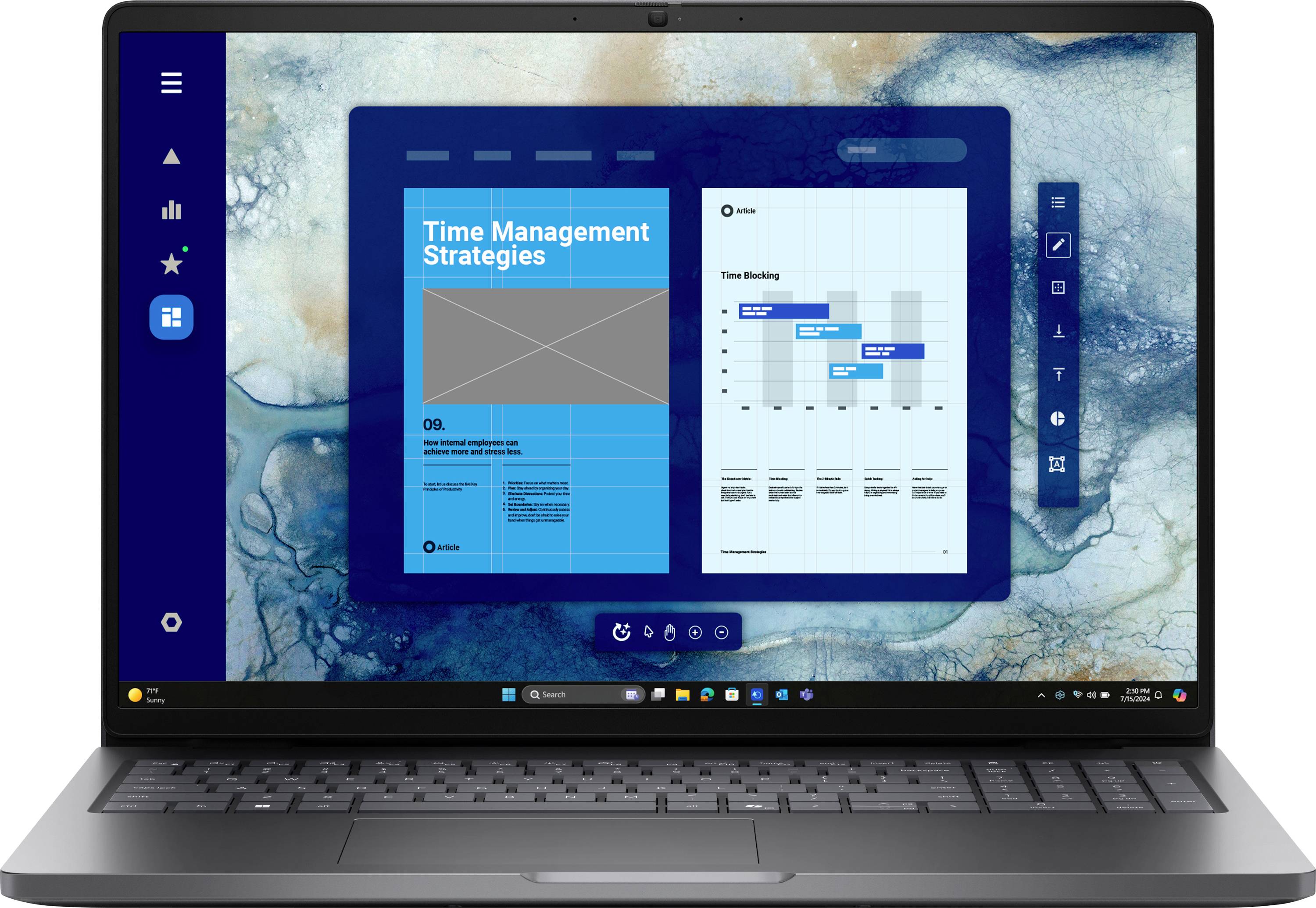 Ein Laptop-Bildschirm zeigt eine Präsentationsfolie mit dem Titel „Zeitmanagement-Strategien