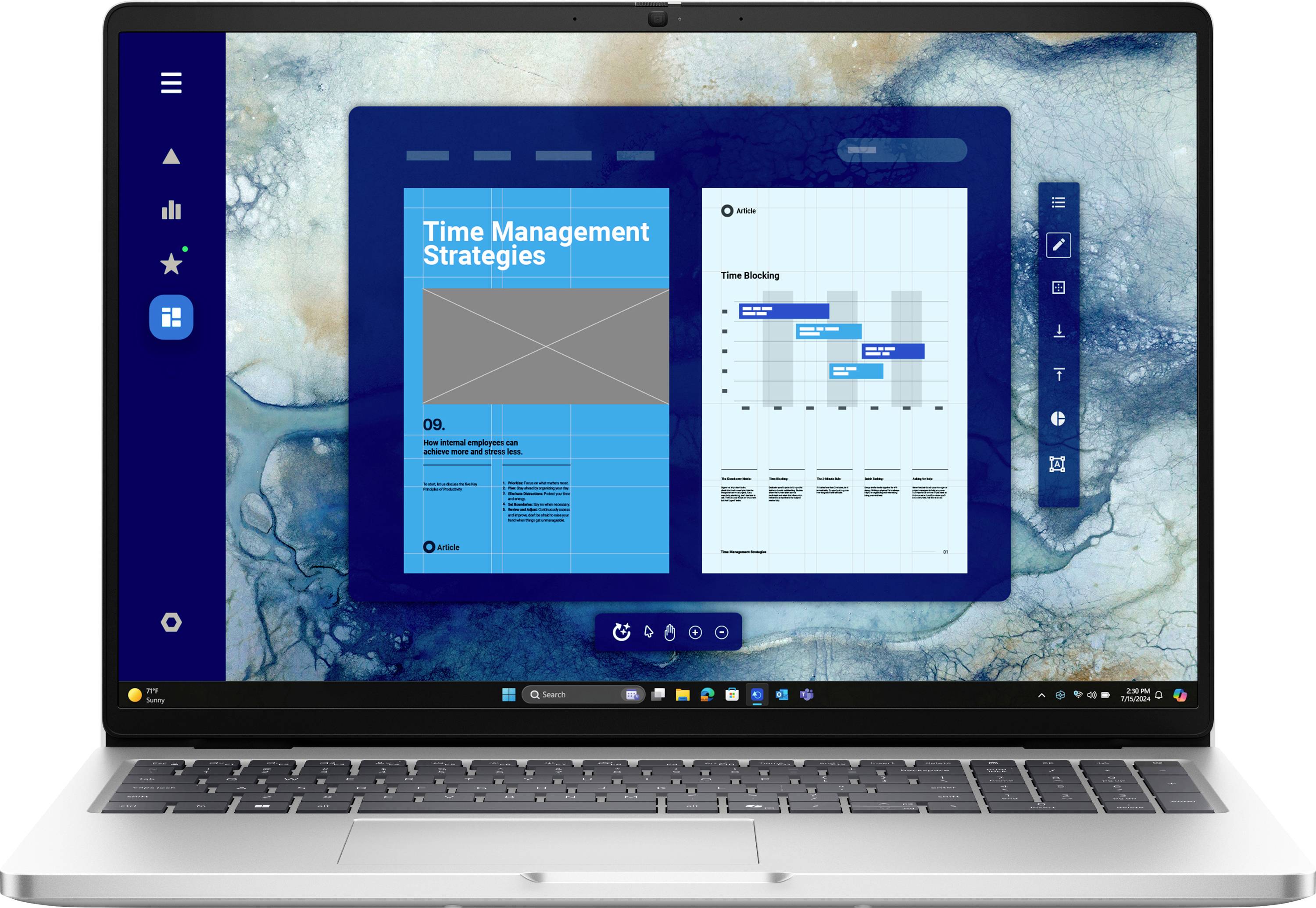 Laptop, das eine Präsentationsfolie mit dem Titel „Zeitmanagement-Strategien