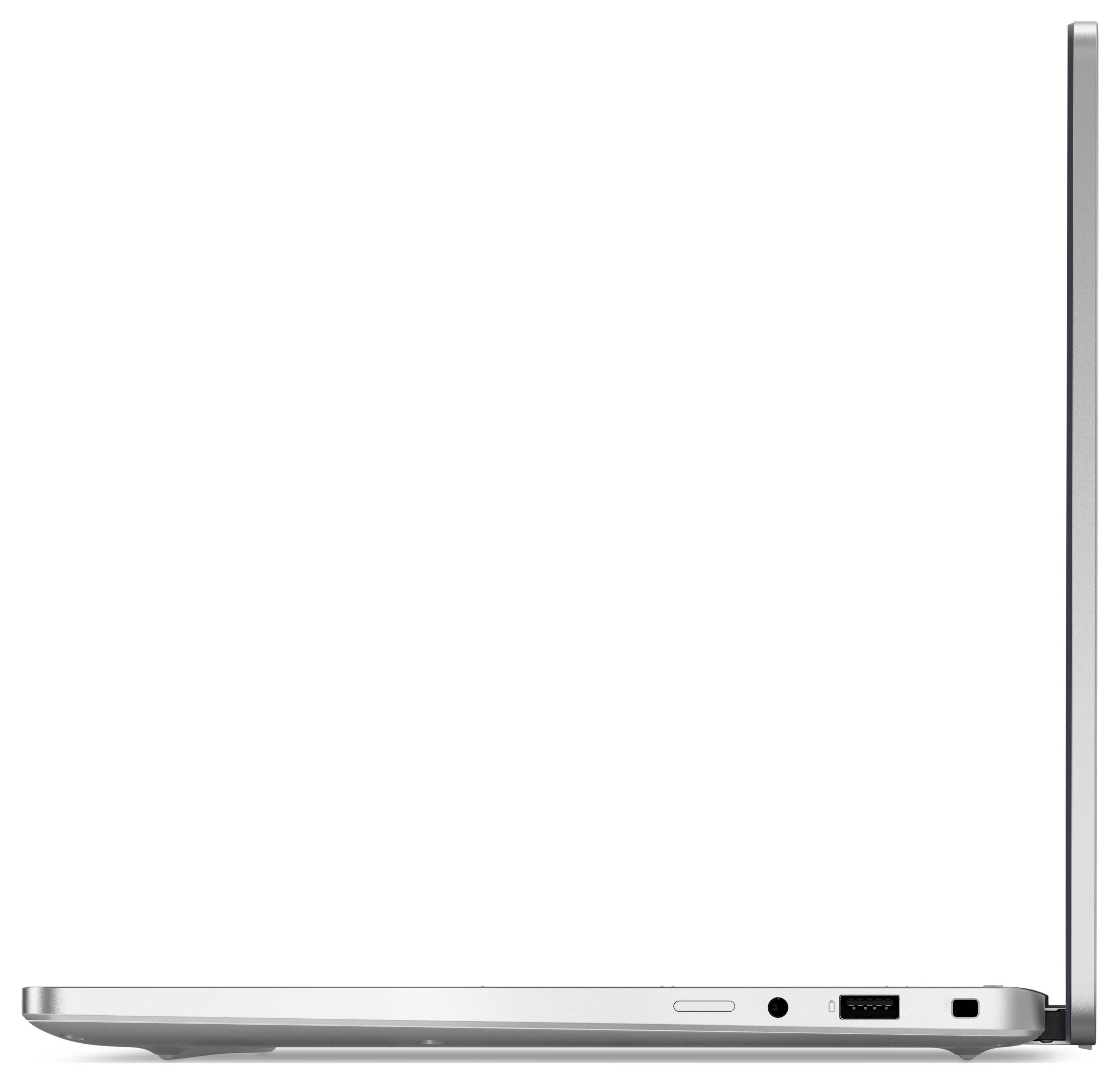 Seitenansicht eines aufgeklappten silbernen Laptops mit schlankem Design, Kopfhörerbuchse, USB-Anschluss und Ladeanschluss an der Kante.