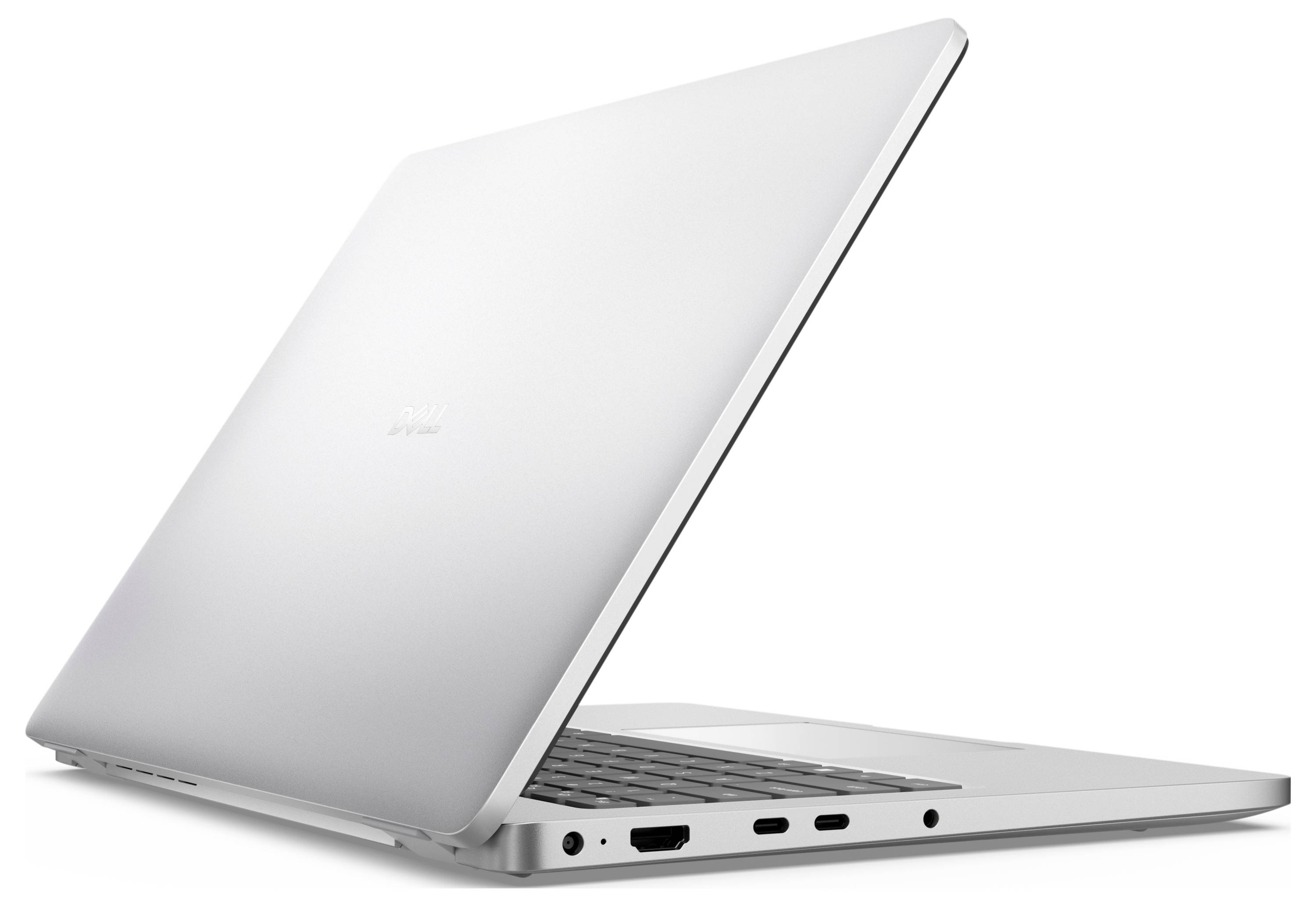 Laptop teilweise geöffnet, von der Rückseite betrachtet, zeigt Anschlüsse und Tastaturrand.