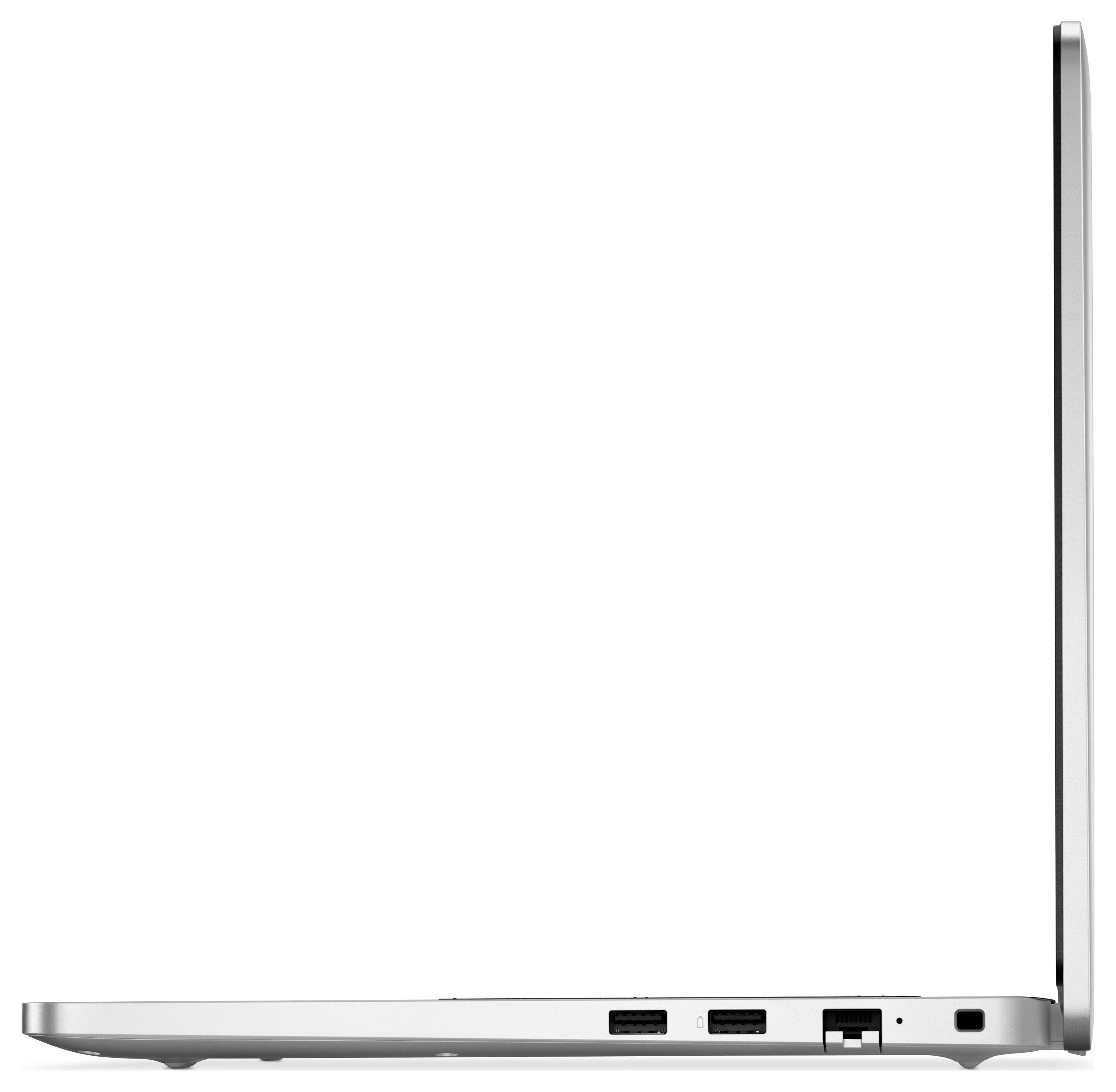 Schlanker silberner Laptop, Seitenansicht mit Anschlüssen und teilweise geöffnetem Bildschirm.
