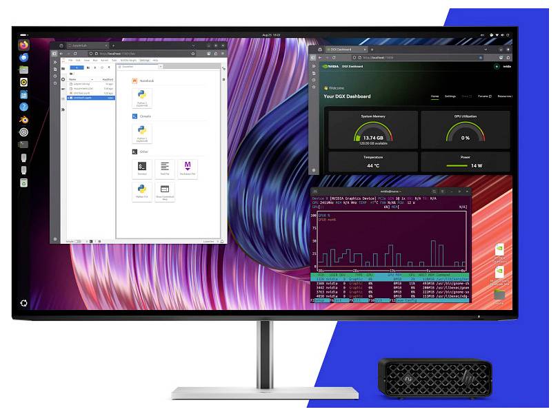 Ein Computerbildschirm zeigt einen Desktop mit mehreren Fenstern an, darunter ein Dateimanager, ein System-Dashboard und ein Terminal, das Multitasking veranschaulicht.