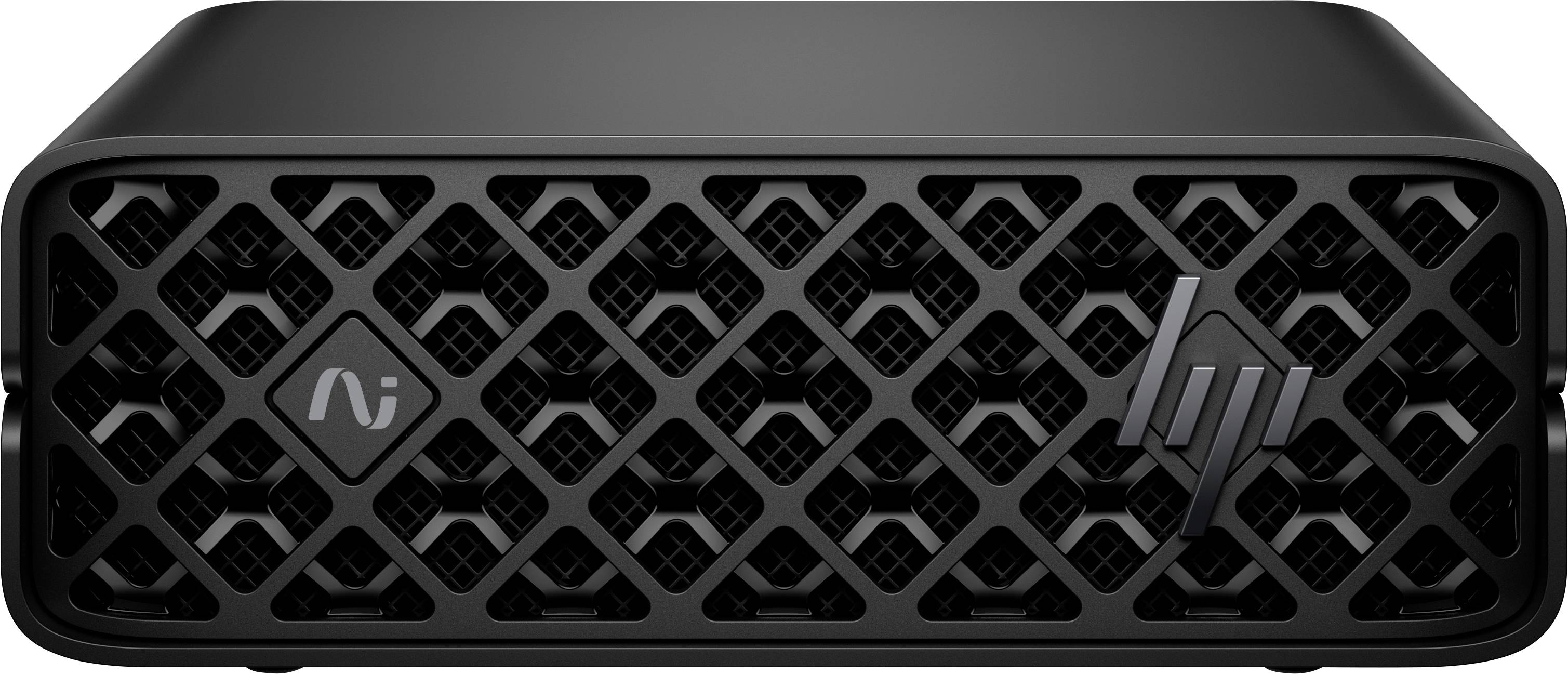 Ein schwarzes elektronisches Gerät mit strukturiertem vorderen Gitter, das zwei Logos anzeigt, typischerweise für Computer- oder Technologiezwecke verwendet.