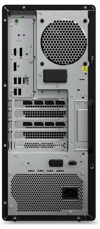 Rückseite eines Desktop-Computers mit verschiedenen Anschlüssen einschließlich USB, HDMI, Audiobuchsen und Stromversorgung. Großer Kühlerlüfter oben.