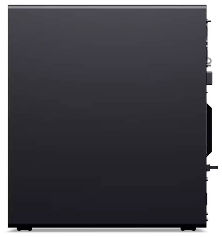 Ein schlanker, schwarzer Desktop-Computer-Tower mit minimalistischem Design von der Seite betrachtet, ohne sichtbare Komponenten oder Branding.