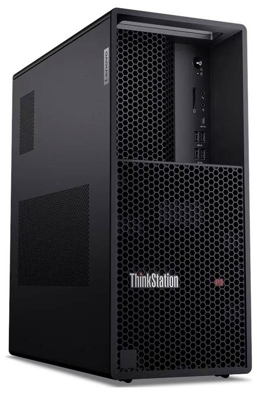Ein schwarzer Computer-Turm mit einer Wabenfront-Blende, bestückt mit Anschlüssen und Tasten. Das Wort 
