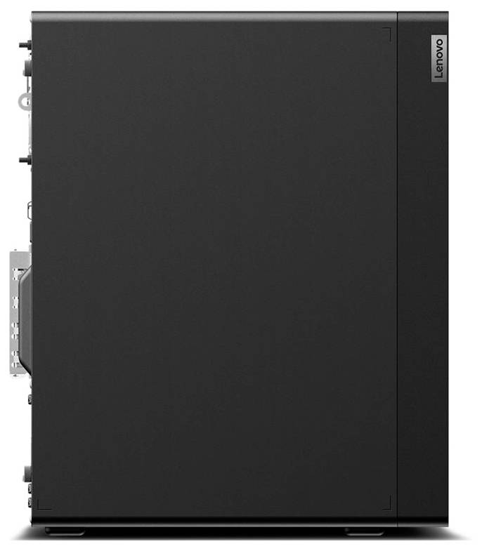 Ein eleganter schwarzer Desktop-Computer-Turm mit minimalistischem Design und Lenovo-Branding in der oberen rechten Ecke.