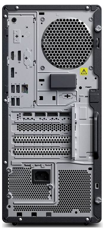 Das Bild zeigt die Rückansicht eines Desktop-Computer-Towers mit verschiedenen Anschlüssen wie USB, HDMI und Erweiterungssteckplätzen.