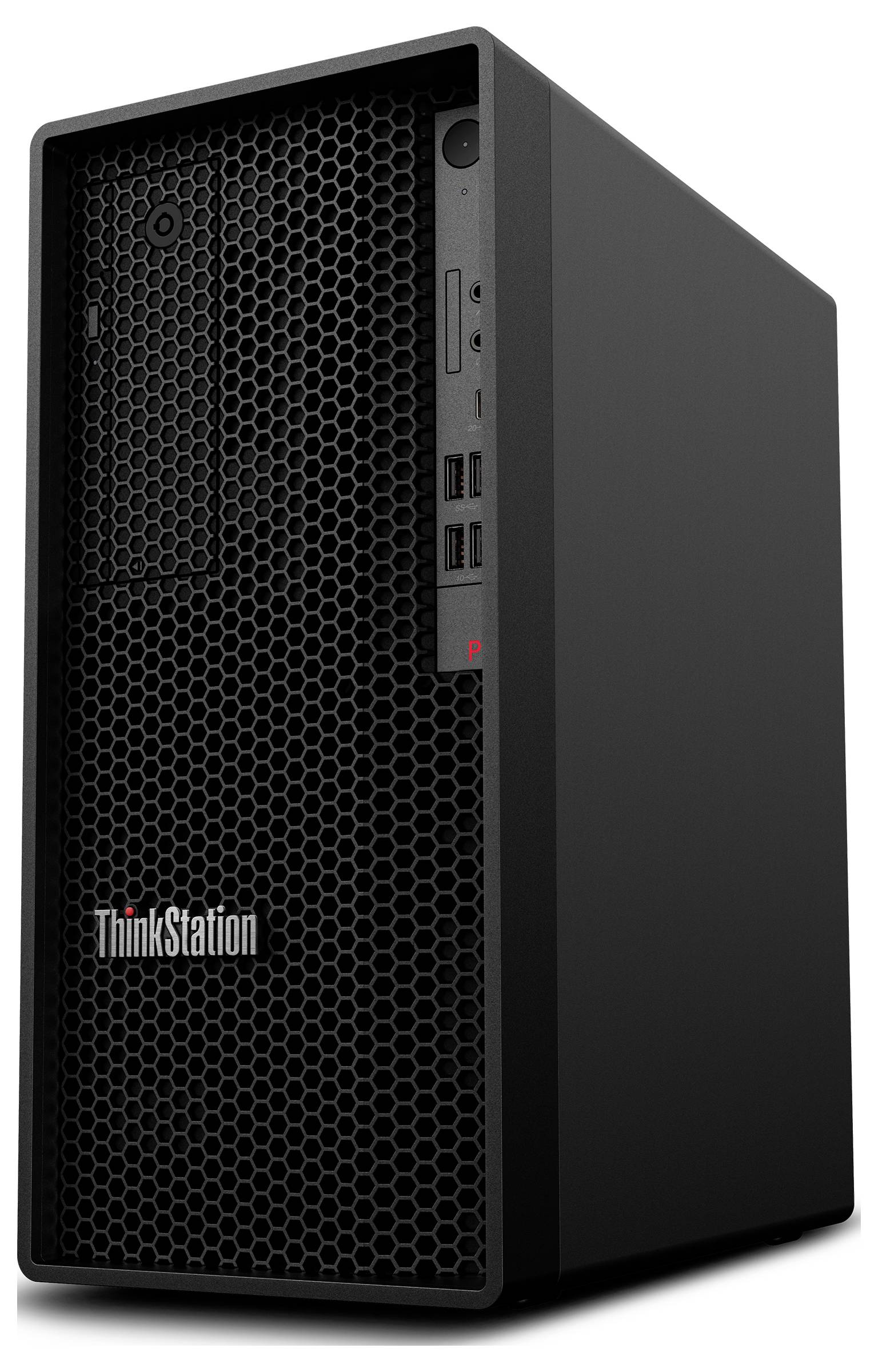 Schwarzer Lenovo ThinkStation Desktop-Tower mit Wabenfront-Gitter und vorderen USB-Anschlüssen, gezeigt auf weißem Hintergrund.
