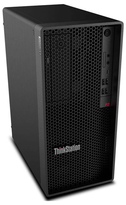 Ein schwarzer Lenovo ThinkStation Desktop-Computer-Turm mit einer Wabenmuster-Frontblende und mehreren USB-Anschlüssen.