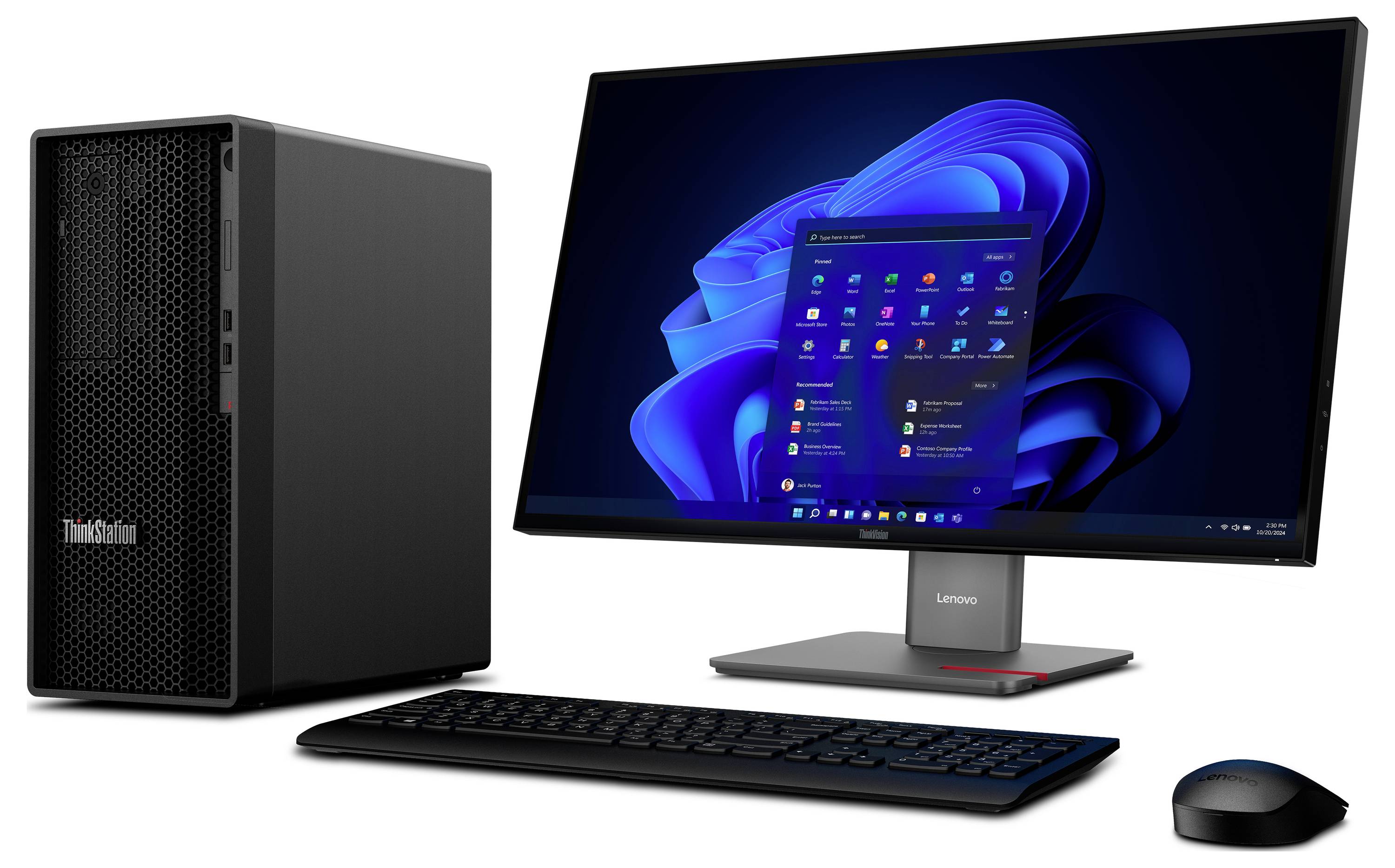 Desktop-Computer-Setup mit Lenovo-Tower, Monitor mit Windows 11, Tastatur und Maus.