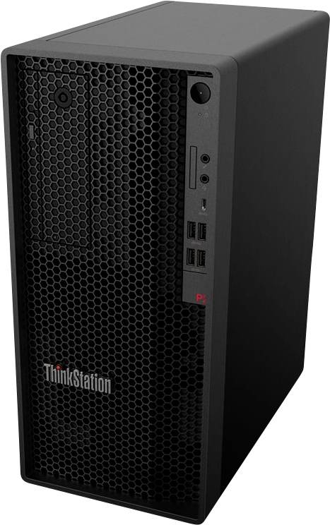 Ein schwarzer Desktop-Computer-Tower mit dem Wort „ThinkStation
