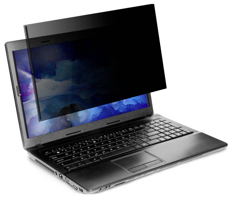 Ein teilweise geschlossener schwarzer Datenschutzschirm bedeckt die Anzeige eines Laptops und verdeckt seinen Inhalt, während die Tastatur sichtbar bleibt.