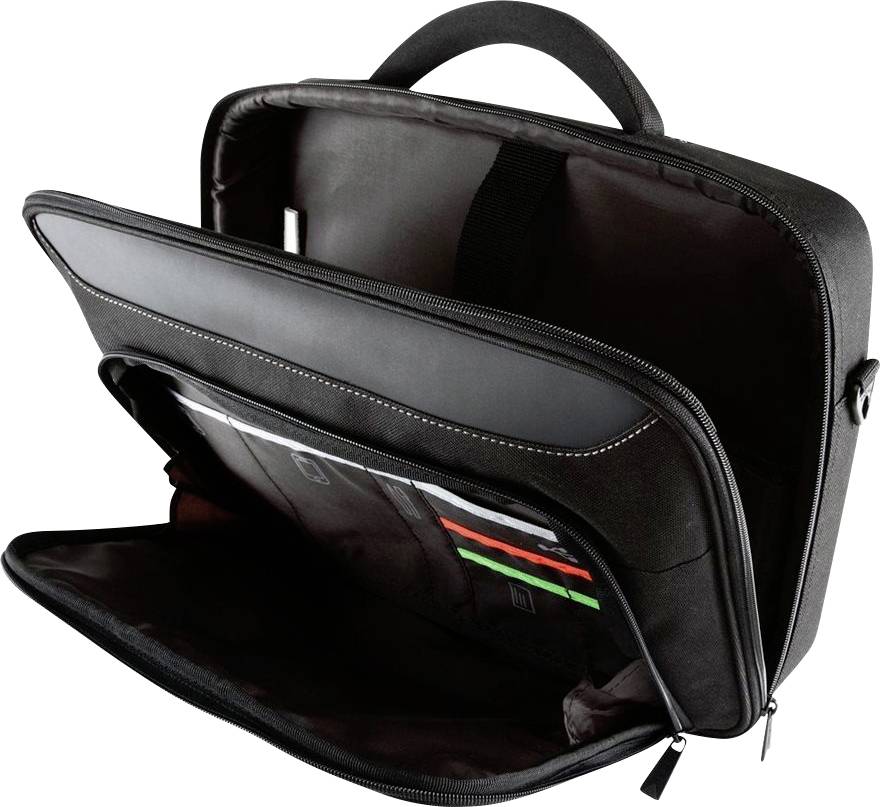 Eine offene schwarze Laptop-Tasche, die mehrere Fächer zeigt, einschließlich Schlitze zum Organisieren von Dokumenten und kleinen Gegenständen.