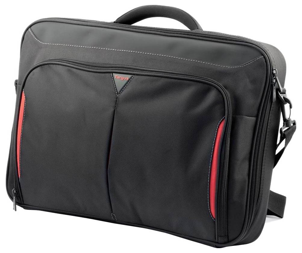 Eine schwarze Laptoptasche mit Griff und verstellbarem Schultergurt, mit einer Reißverschlusstasche vorne und roten Akzenten.