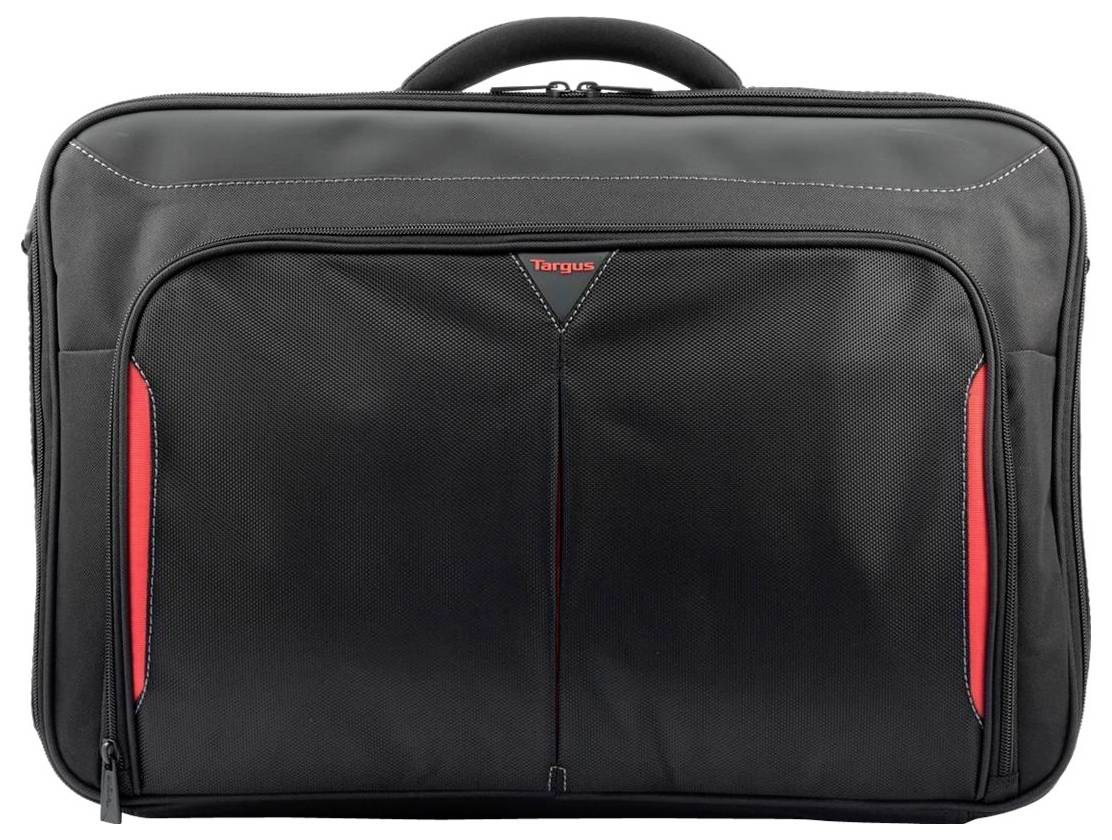 Eine schwarze Laptoptasche mit roten Akzenten auf der Vorderseite, mit Griffelementen oben und verschließbaren Fächern mit Reißverschluss, geeignet zum Transportieren eines Computers.