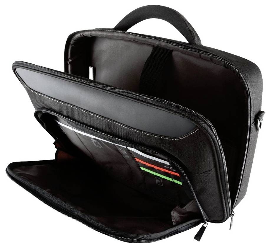 Offene schwarze Laptoptasche mit Griff, die Fächer mit darin befindlichen Ordnern und Dokumenten zeigt.