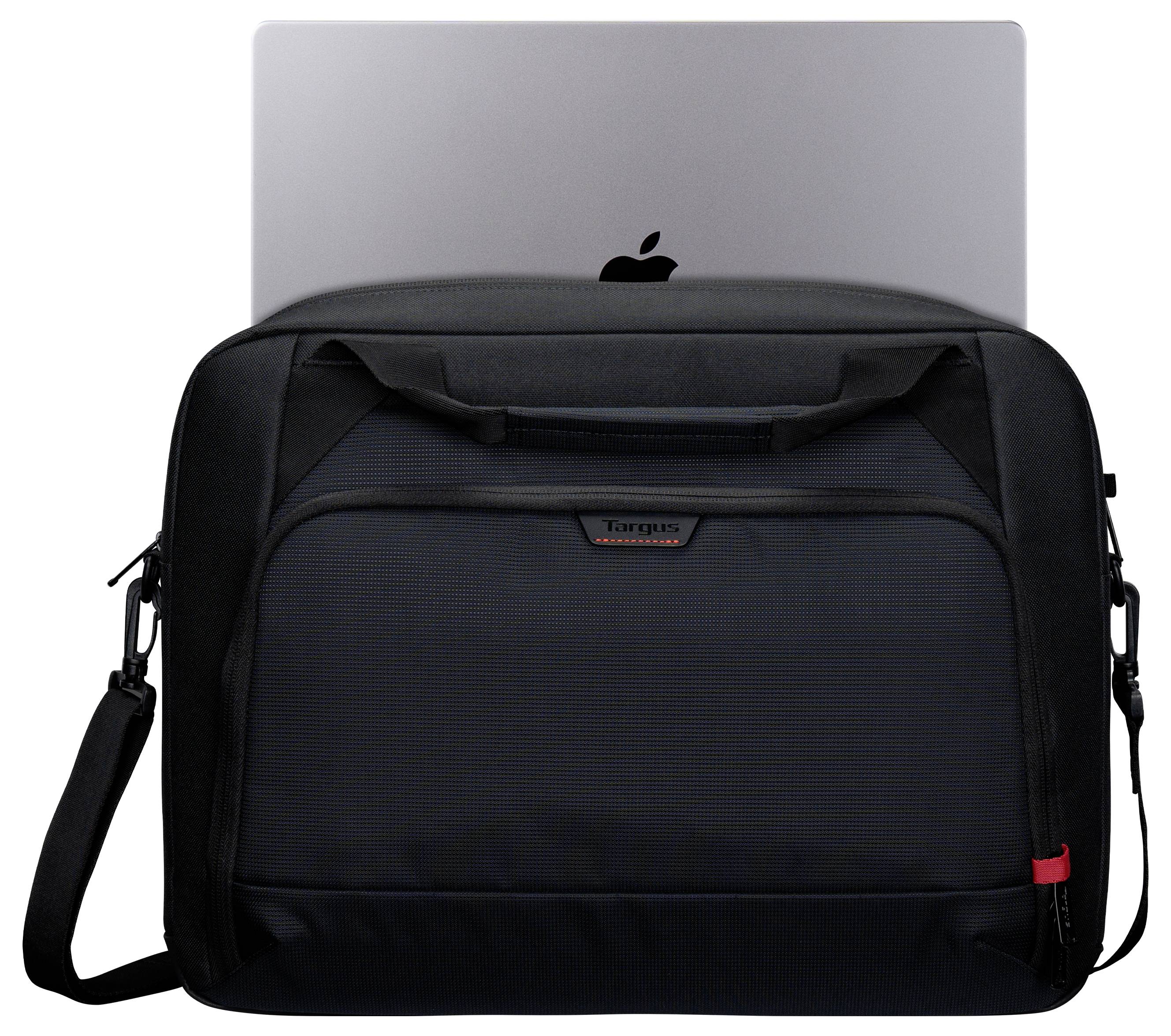 Schwarze Laptop-Schultertasche mit silbernem MacBook, Vorderansicht mit Riemen und Reißverschlusstasche.