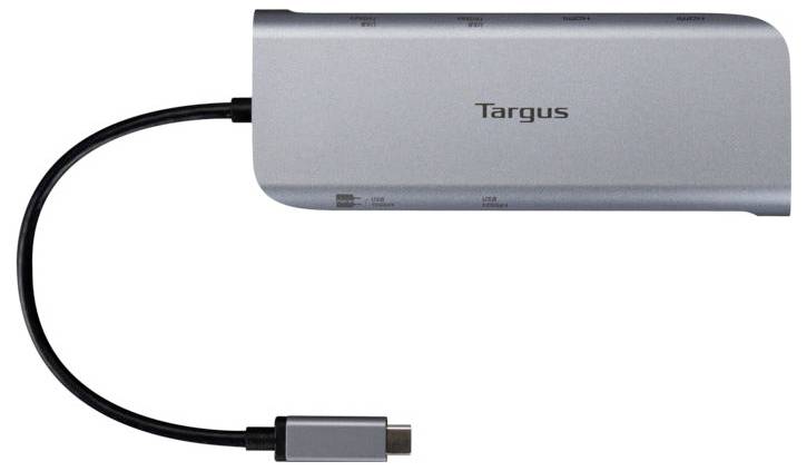 Ein silberner Targus USB-C-Hub mit mehreren Anschlüssen und einem Verbindungskabel, entwickelt um die Konnektivitätsoptionen für Geräte zu erweitern.