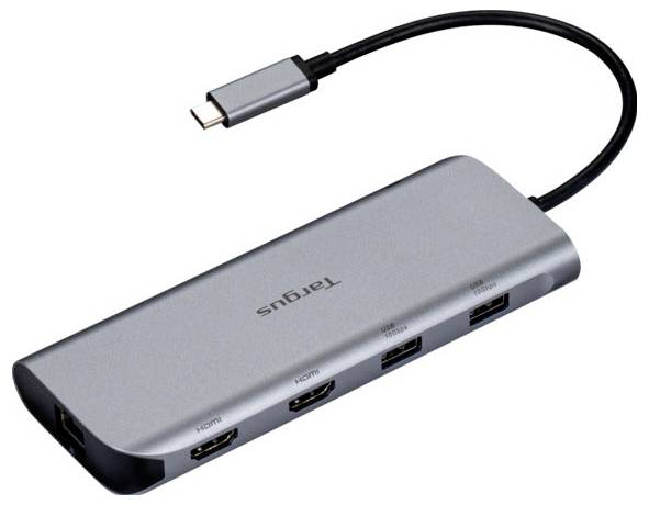 Ein schlanker, silberner USB-C-Hub mit mehreren Anschlüssen, einschließlich HDMI, USB und Ethernet, auf der Oberseite mit „Targus