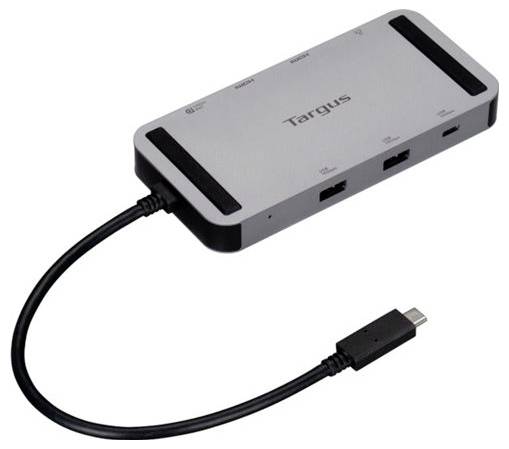 Ein Targus USB-C-Hub mit mehreren Anschlüssen, einschließlich HDMI, USB und Ethernet. Er verfügt über ein angeschlossenes USB-C-Kabel für die Geräteverbindung.