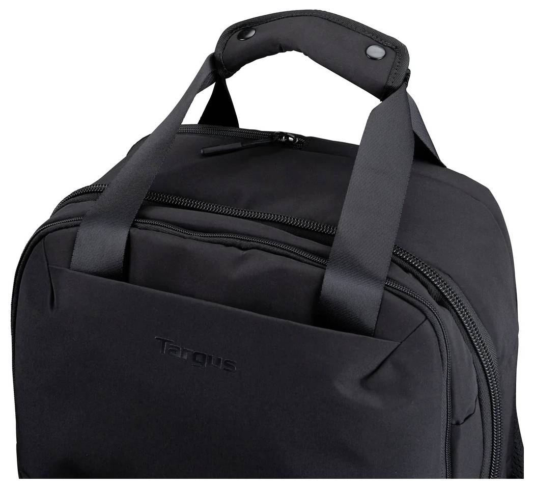 Schwarze Tasche von Taron mit gepolsterten Griffen und Schultergurten auf weißem Hintergrund.