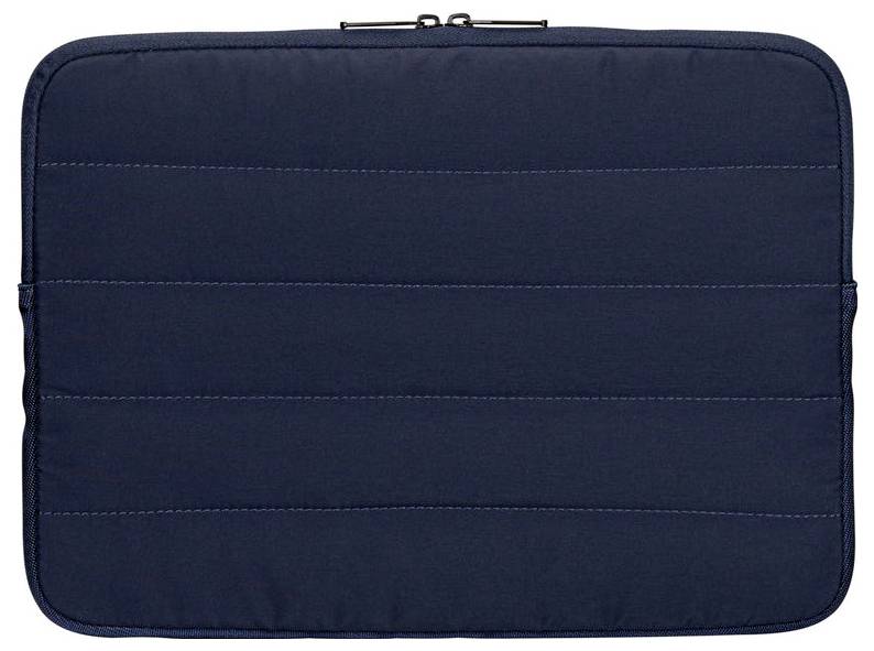 Eine marineblauwe Laptop-Tasche mit gestepptem horizontalem Linienmuster, die dazu konzipiert ist, Laptops vor Kratzern und leichten Stößen zu schützen.