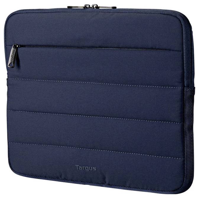 Dunkelblau gepolsterte Laptoptasche mit horizontalen Rippen und einer Reißverschlusstasche auf der Vorderseite. Hergestellt von Targus, entworfen für sichere Aufbewahrung.