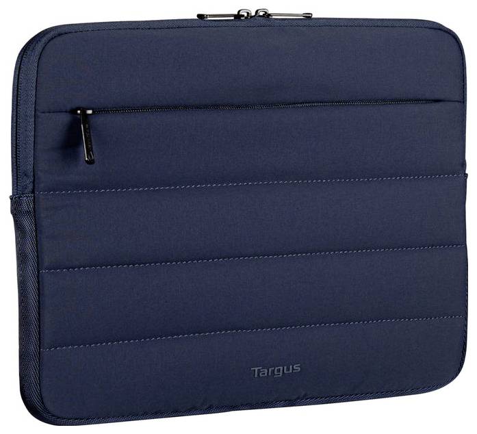 Eine dunkelblau Targus Laptop-Tasche mit einer Reißverschlusstasche an der Vorderseite.