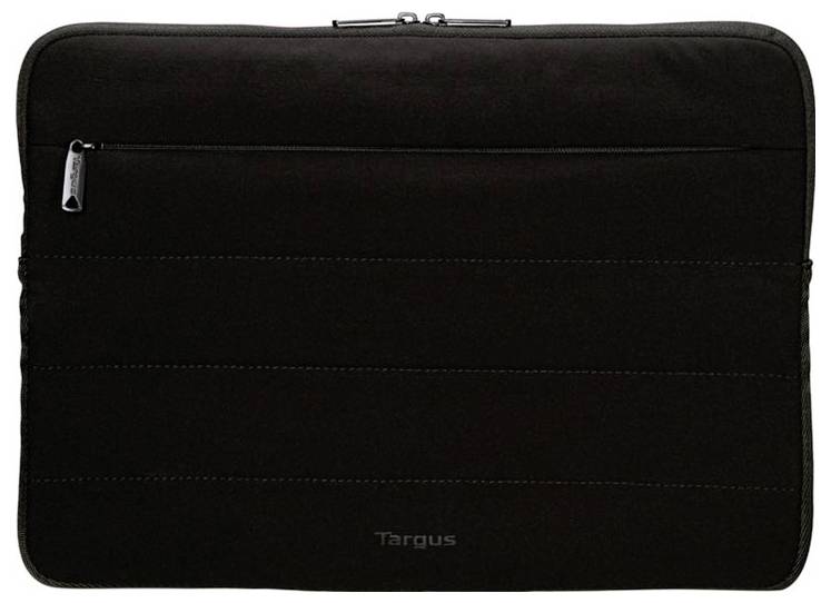 Eine schwarze Laptop-Schutzhülle mit einer Reißverschlusstasche auf der Vorderseite. Der Markenname „Targus