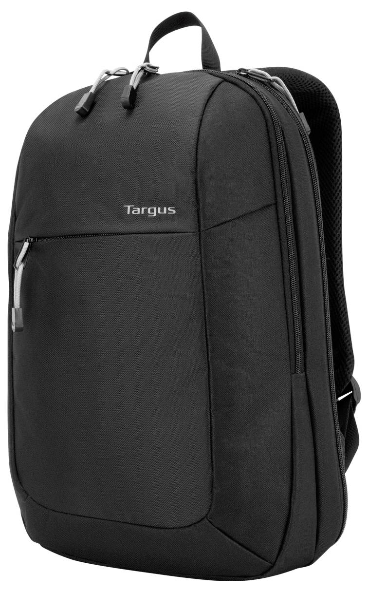 Ein schwarzer Targus-Rucksack mit einer vorderen Reißverschlusstasche, gepolsterten Schultergurten und Tragegriff, entworfen für den alltäglichen Gebrauch und zum Transportieren von Essentials.
