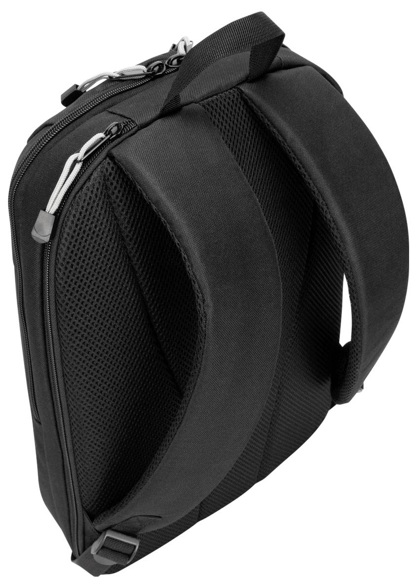 Ein schwarzer Rucksack mit gepolsterten Schultergurten und einem oberen Tragehenkel, ausgestattet mit Reißverschlüssen und einer strukturierten Rückseite für Komfort.