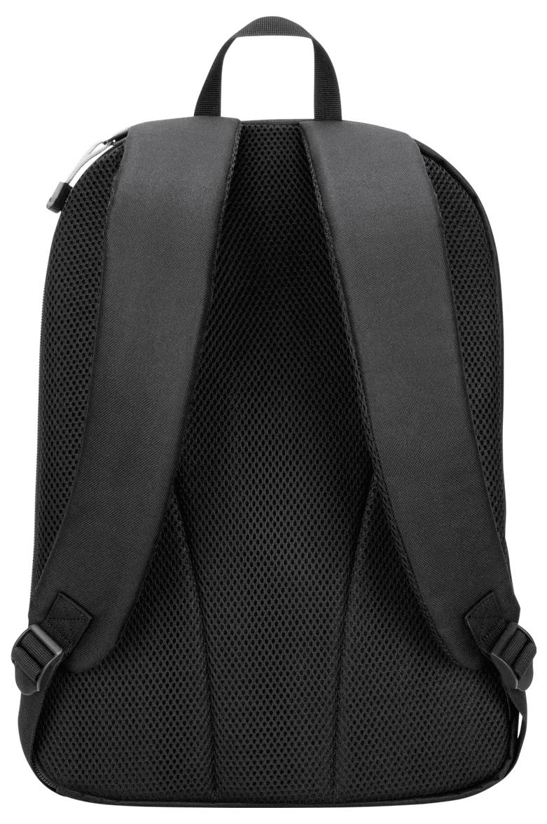 Ein schwarzer Rucksack von hinten gezeigt, mit gepolsterten Schultergurten und einem oberen Griff zum Tragen. Das Rückenpanel hat ein Mesh-Design für Atmungsaktivität.