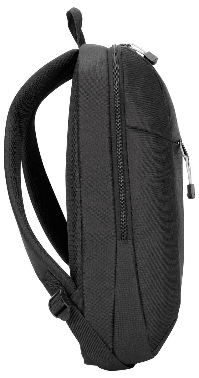 Seitenansicht eines schwarzen Rucksacks mit gepolsterten Schultergurten und einem Hauptreißverschlussfach, die ein schlankes und modernes Design zeigt.