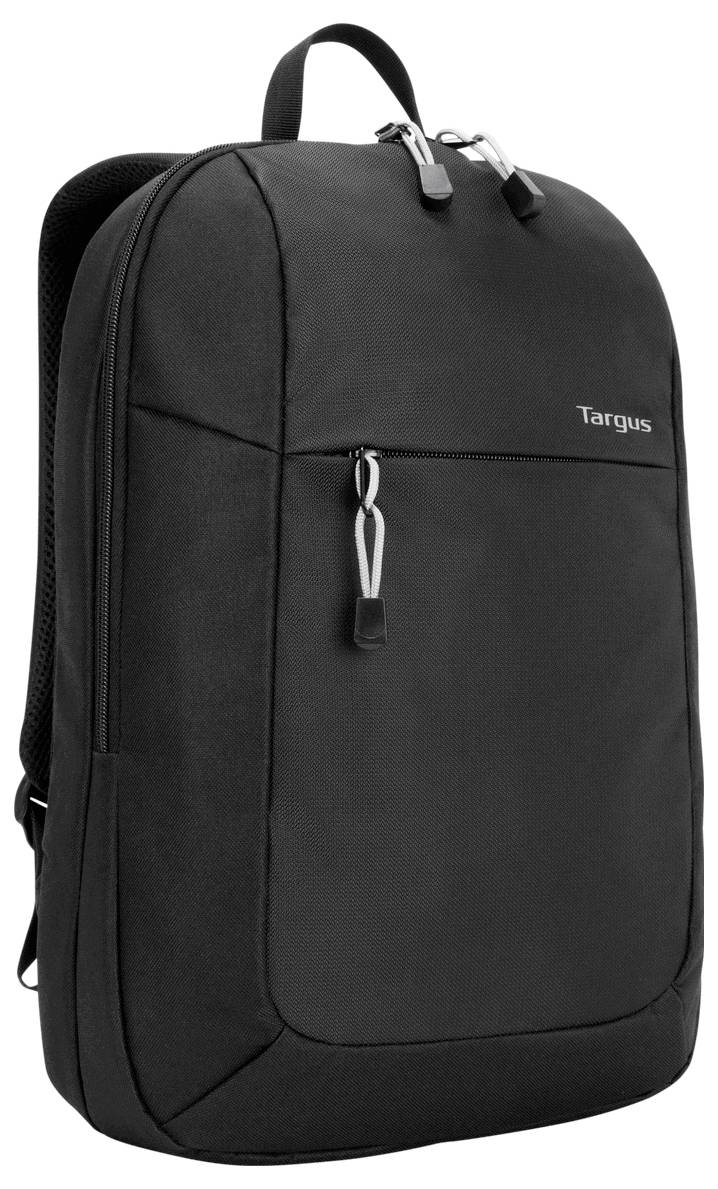 Ein schwarzer Rucksack mit einer vorderen Reißverschlusstasche und einem „Targus