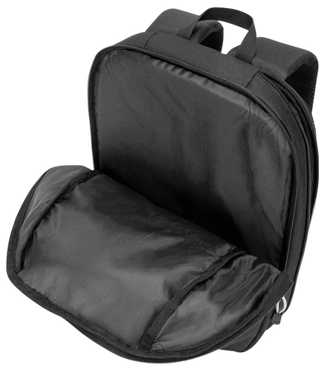 Ein schwarzer Rucksack mit geöffneter Vorderklappe, die ein leeres Hauptfach zeigt.