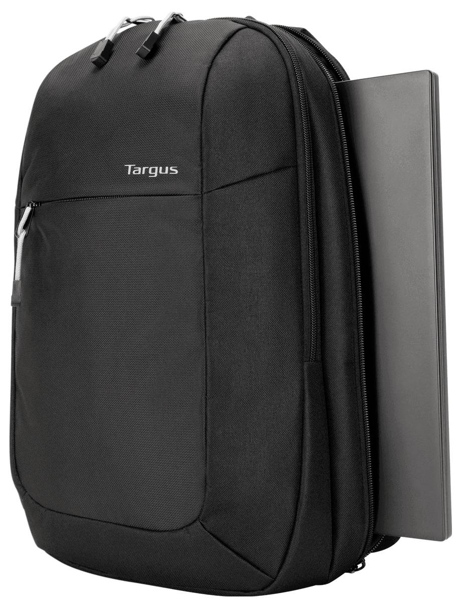 Ein schwarzer Targus-Rucksack mit einem Laptop, der teilweise in einer Seitentasche sichtbar ist, wobei seine Funktionalität zum Transportieren elektronischer Geräte demonstriert wird.