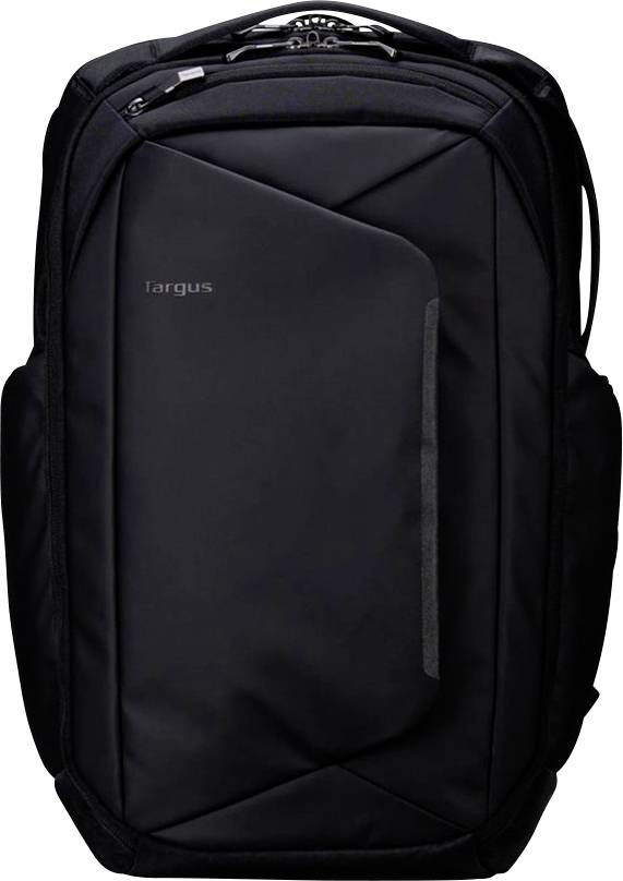 Ein eleganter schwarzer Rucksack mit modernem Design, ausgestattet mit mehreren Fächern und einem dezenten Logo auf der Vorderseite.