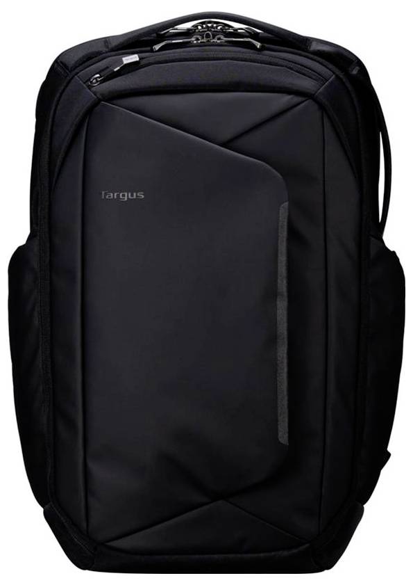 Ein schwarzer Targus-Rucksack mit mehreren Fächern und ergonomischem Design, geeignet zum Transportieren von Laptops und Zubehör.