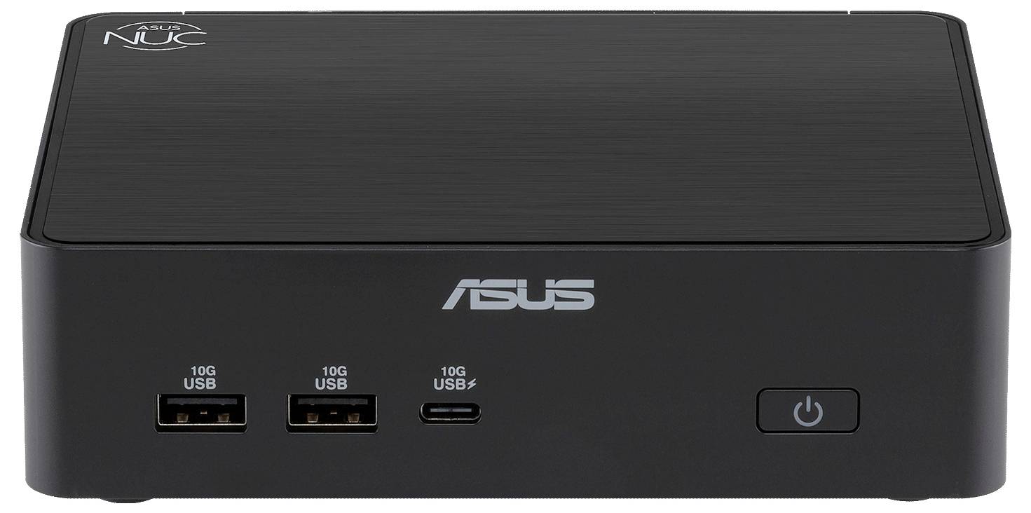 Ein kompakter schwarzer ASUS Mini-PC mit Belüftungslöchern an der Seite und mehreren USB-Anschlüssen an der Vorderseite, der ein effizientes Design zeigt.
