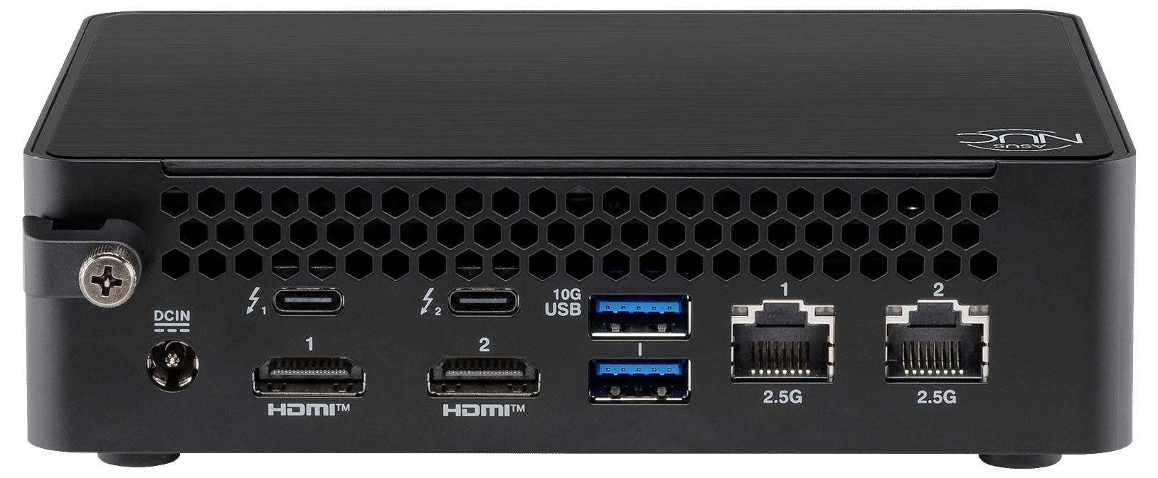Ein kompakter schwarzer Mini-Desktop-Computer mit Anschlüssen einschließlich USB, HDMI und Ethernet, entwickelt für vielseitige Konnektivität und Leistung.