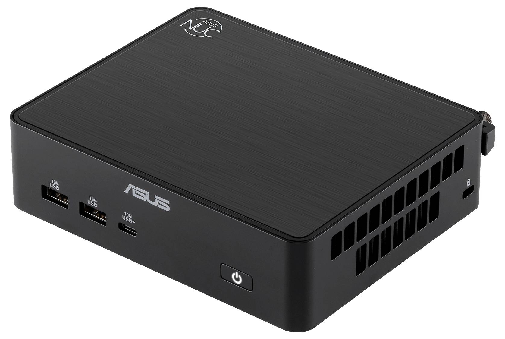 Kompakter schwarzer ASUS NUC Mini-PC mit mehreren USB-Anschlüssen und Belüftungsschlitzen, entwickelt für effizientes Computing auf kleinstem Raum.